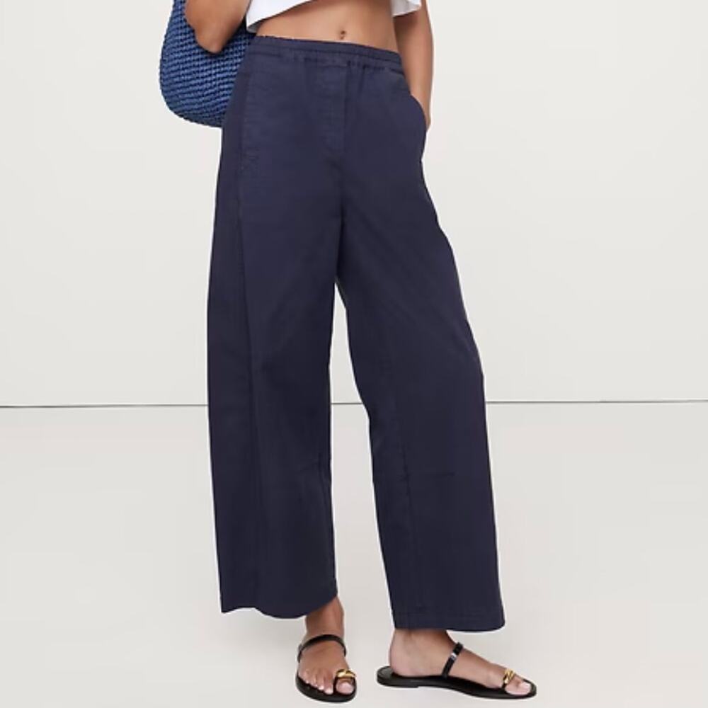 Banana Republic Wide Leg Cotton Poplin Pull on Ankle Pant Navy Blue 772631 L